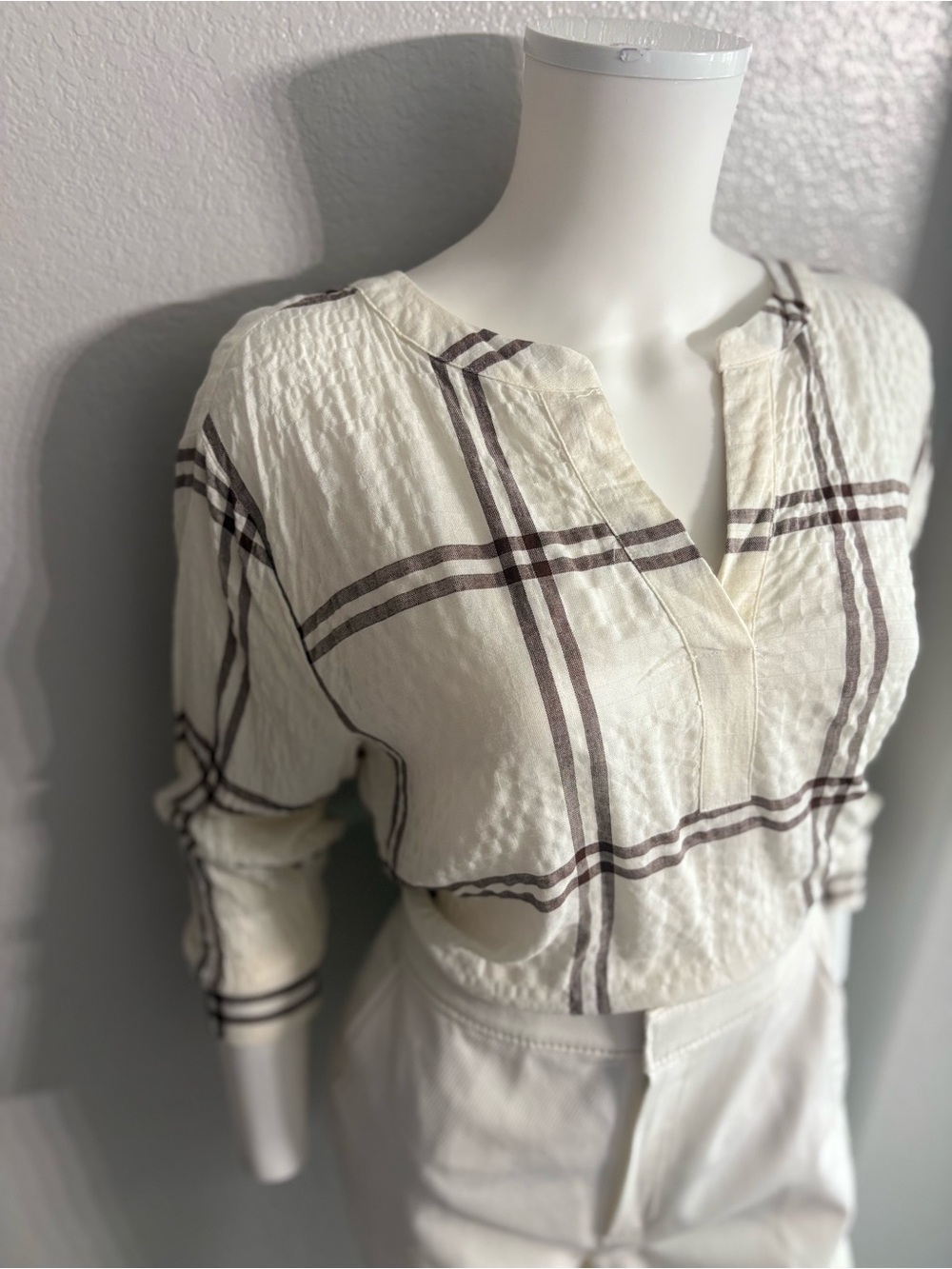 Jane and Delancey Cream Blouse with Brown Plaid
